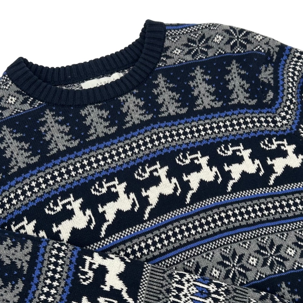 Aspen Mens Fair Isle Reindeer Snowflake Cotton Knit Sweater Navy Blue Large NWT